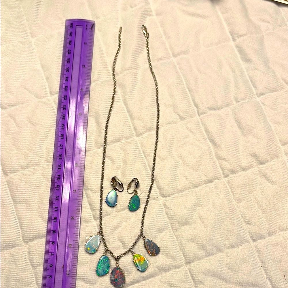 Elegant Opal Necklace and clip Earring Set in sterling silver